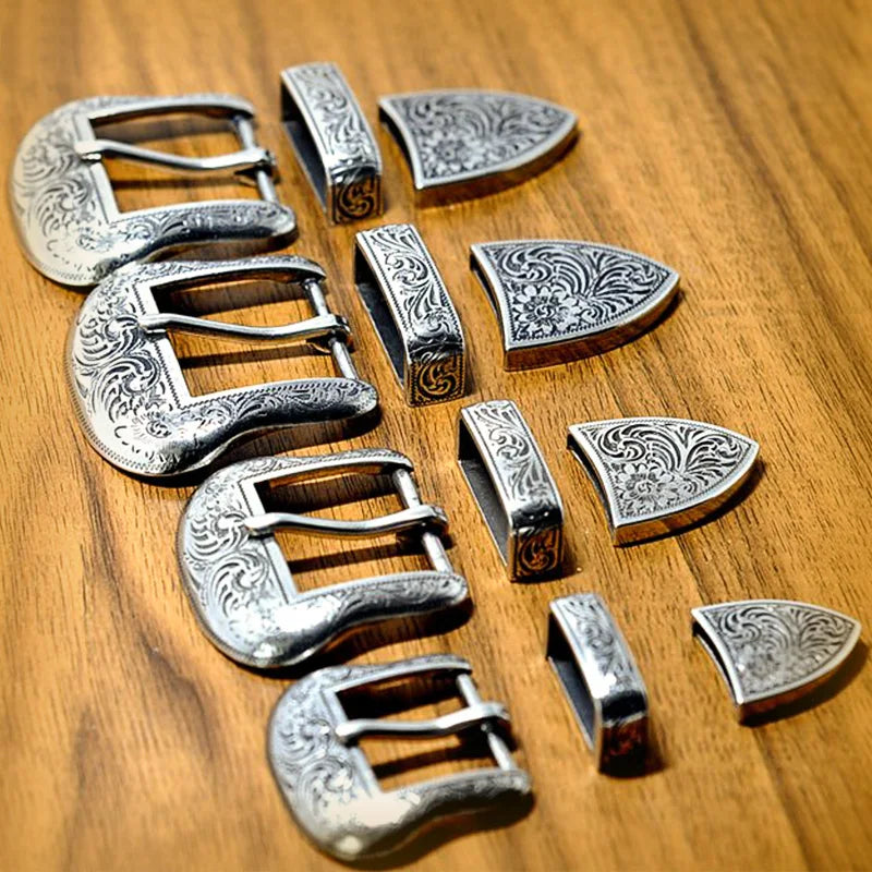 Style Silver Plated Metal Belt Buckle For Men Vintage Embossed Three Piece Pin Buckles DIY Leather Craft Buckle 3pcs/set
