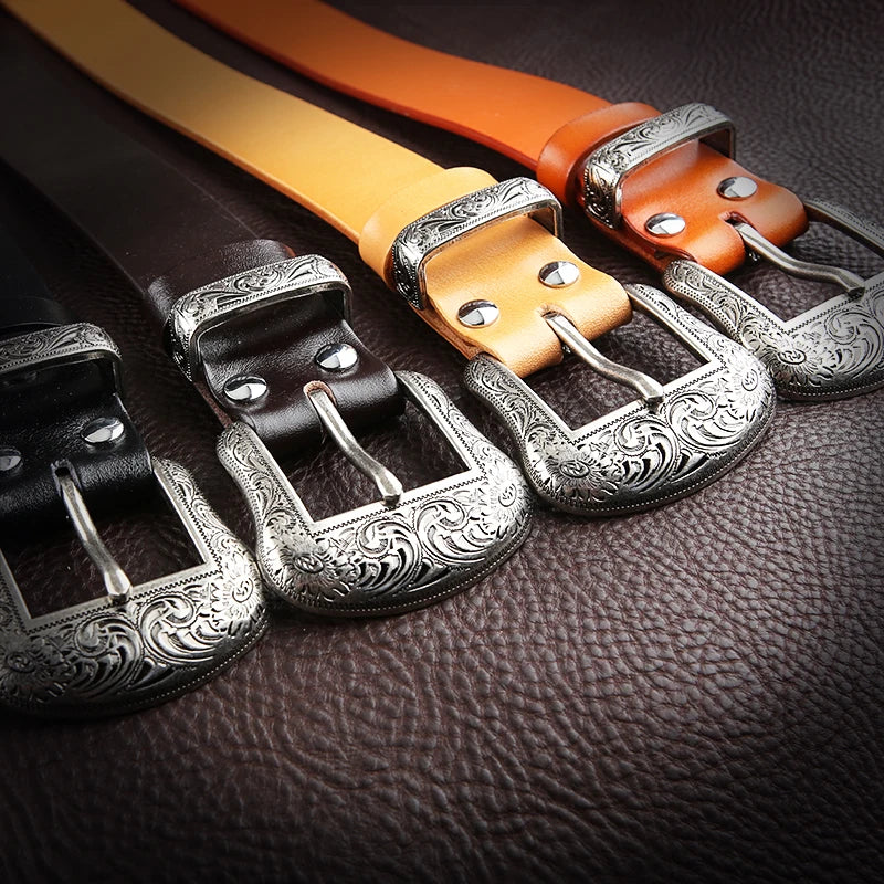 Genuine Leather Men's High Quality Buckle Tangcao Three-Piece Silver Plated Belt Buckl Full-Grain Leathere Pin Buckle Belts
