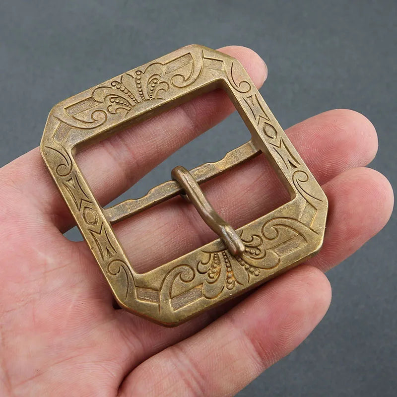Solid Brass 40mm Belt Buckle vintage embossed Single Pin Belt Half Buckle Fit For 37mm-39mm DIY Leather Craft Buckle