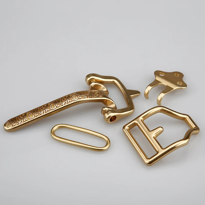 Solid Brass Cavalry Belt Buckle for Men Belt Rivet Screws Waistband Hook Clasp Leather Buckles Head Accessories 4pcs/set