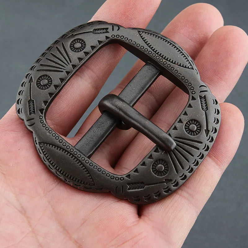 Solid Brass 40mm Belt Buckle vintage embossed Single Pin Belt Half Buckle Fit For 37mm-39mm DIY Leather Craft Buckle