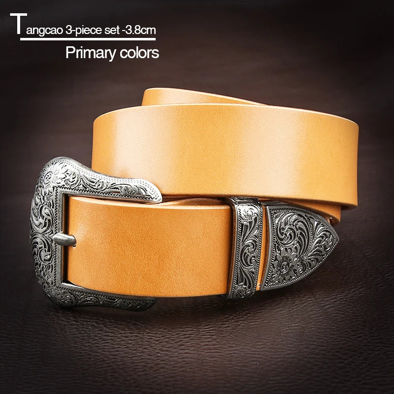 Genuine Leather Men's High Quality Buckle Tangcao Three-Piece Silver Plated Belt Buckl Full-Grain Leathere Pin Buckle Belts
