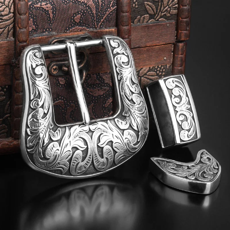 1pcs 925 Sterling Silver Metal Belt Buckle For Men Pin Buckles Vintage Embossed DIY Leather Craft Buckle