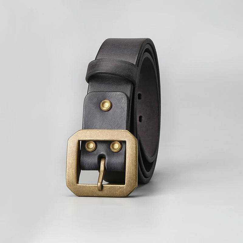 Premium American Retro Men's Thickened Belt - 3.8cm, Solid Brass Buckle, Genuine Vegetable-Tanned Leather (Jeans-Friendly)