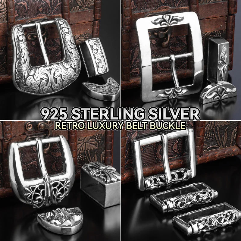 1pcs 925 Sterling Silver Metal Belt Buckle For Men Pin Buckles Vintage Embossed DIY Leather Craft Buckle
